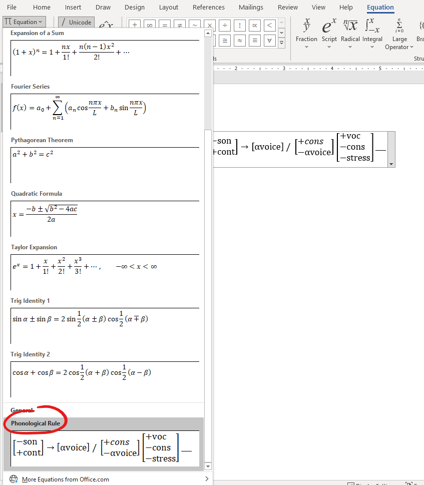 Select rule from the Equations gallery for easy insertion next time.